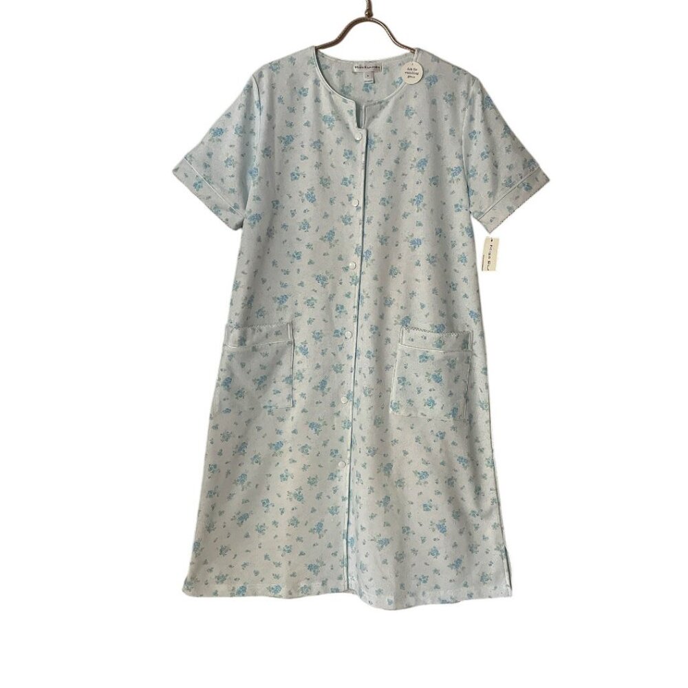 NWT Miss Elaine Blue Floral Front Snap Short Sleeve Nightgown House Coat